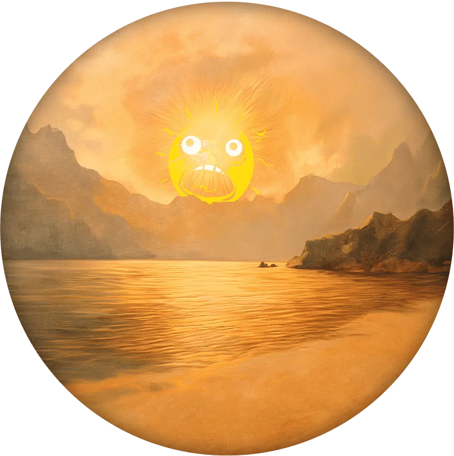 Oil painting of a beach at sunset. The sun has a terrified face, wide eyes and an open, screaming mouth.